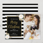 Winter Floral Black Stripe kerstfotokaart Feestdagenkaart (Voorkant / Achterkant)