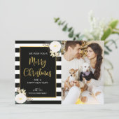 Winter Floral Black Stripe kerstfotokaart Feestdagenkaart (Staand voorkant)