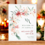 Winter Floral Christmas Wedding Welkomstbord Poster<br><div class="desc">Verwelkom uw gasten in stijl met dit elegante welkomstbord voor de winterbruiloft met een handgeschilderd bloemontwerp in zachte greens en blozende roze. De voorkant toont een monogram en een welkomstboodschap, omringd door waterverf bloemen voor een romantisch tintje. Perfect voor winter- of kerstthema-bruiloften, dit bord voegt een prachtig botanisch element toe...</div>