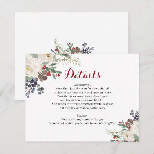 Winter Floral Couples Shower Moderne Details Card Informatiekaartje (Voorkant / Achterkant)