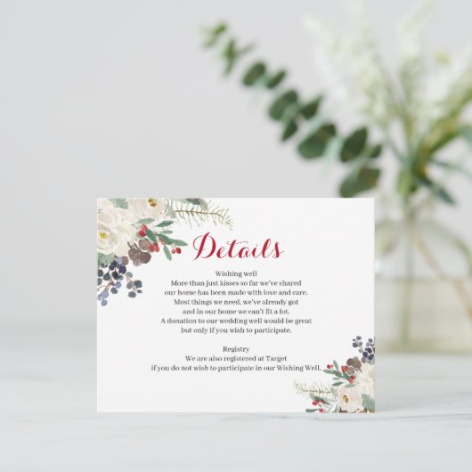 Winter Floral Couples Shower Moderne Details Card Informatiekaartje (Staand voorkant)