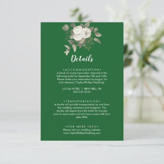 Winter Floral | Details groene bruiloft Informatiekaartje (Staand voorkant)