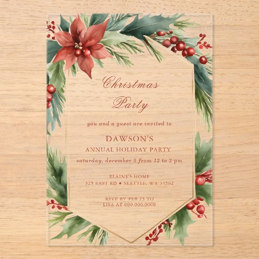 Winter Floral Green Gold Christmas Party Acryl Uitnodigingen (Voorkant)