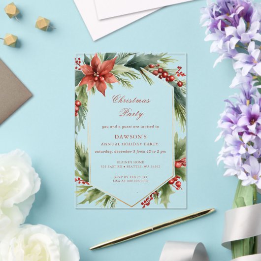 Winter Floral Green Gold Christmas Party Acryl Uitnodigingen (Insitu (Huwelijk))