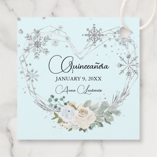 Winter Floral Heart Light Blue Silver Quinceanera Bedankjes Labels (Achterkant)