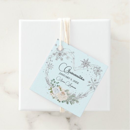Winter Floral Heart Light Blue Silver Quinceanera Bedankjes Labels (In situ)