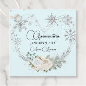 Winter Floral Heart Light Blue Silver Quinceanera Bedankjes Labels (Voorkant)