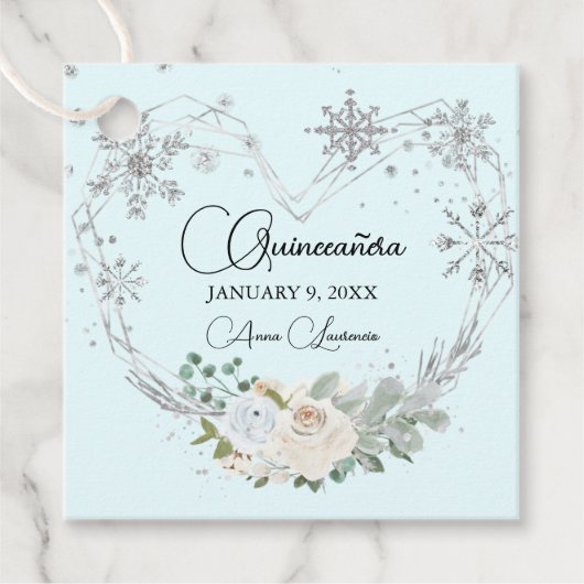 Winter Floral Heart Light Blue Silver Quinceanera Bedankjes Labels (Voorkant)