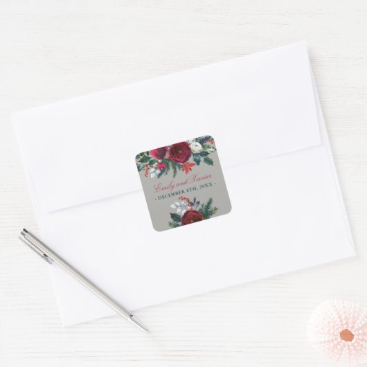 Winter Floral Holiday Kerstfeest Dinsdag Woensdag Vierkante Sticker (Envelop)