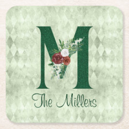 Winter Floral Illustrated Letter M Personalized Kartonnen Onderzetters