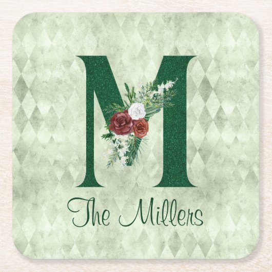 Winter Floral Illustrated Letter M Personalized Kartonnen Onderzetters (Voorkant)