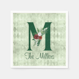 Winter Floral Illustrated Letter M Personalized Servet