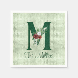 Winter Floral Illustrated Letter M Personalized Servet