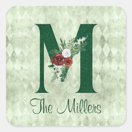 Winter Floral Illustrated Letter M Personalized Vierkante Sticker (Voorkant)