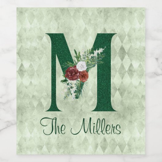 Winter Floral Illustrated Letter M Personalized Wijn Etiket (Enkel label)