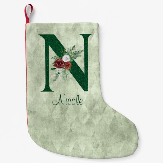 Winter Floral Illustrated Letter N Personalized Kleine Kerstsok (Voorkant)