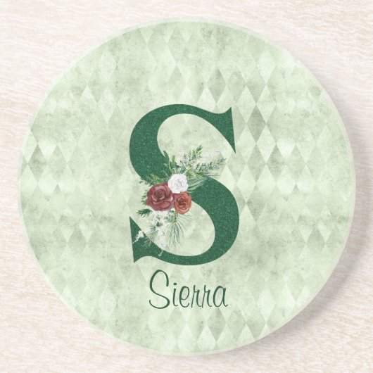 Winter Floral Illustrated Letter S Personalized Zandsteen Onderzetter (Voorkant)