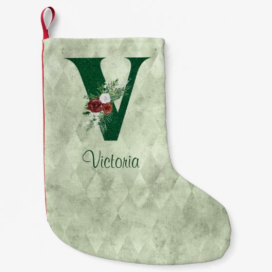 Winter Floral Illustrated Letter V Personalized Kleine Kerstsok (Voorkant)