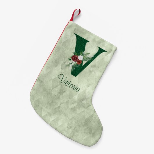Winter Floral Illustrated Letter V Personalized Kleine Kerstsok (Voorkant (Hangend))