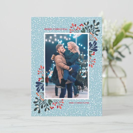 Winter Floral kerstfoto Feestdagenkaart (Staand voorkant)