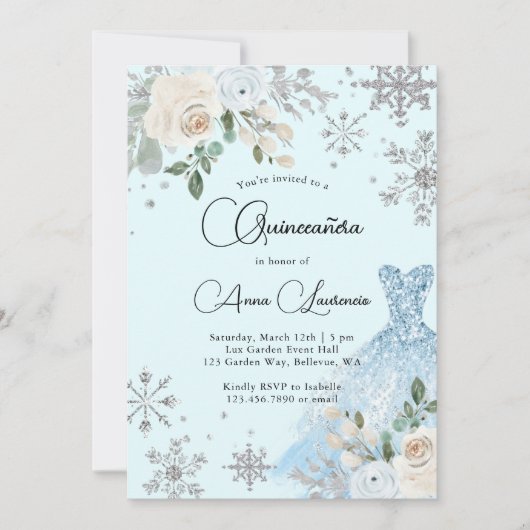 Winter Floral Light Blue en Silver Quinceanera Kaart (Voorkant)
