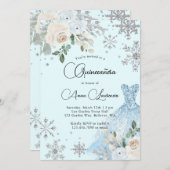 Winter Floral Light Blue en Silver Quinceanera Kaart (Voorkant / Achterkant)