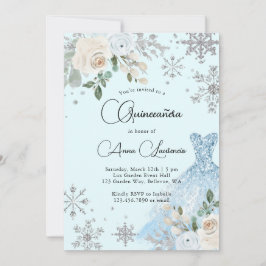 Winter Floral Light Blue en Silver Quinceanera Kaart