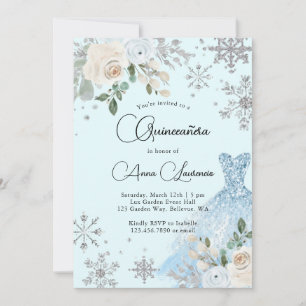 Winter Floral Light Blue en Silver Quinceanera Kaart