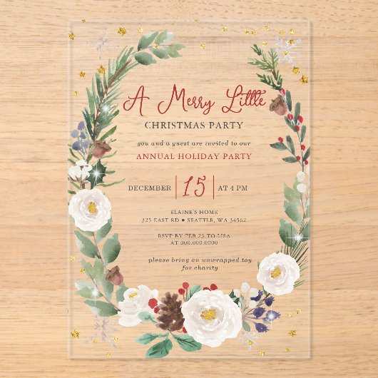 Winter Floral Merry Little Christmas Party Acryl Uitnodigingen (Voorkant)