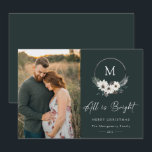 Winter Floral Monogram Hoop Wreatfoto<br><div class="desc">Alles is Bright handtekeningsscript. Rustige winterse waterverf witte florale,  pijndentakken en speldenecones voor monogram lijst,  fotovakantiekaart. Coördinatie van rustige bosgroene kleurachtergronden.</div>