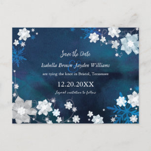 Winter Floral Navy Blue Wedding Save the Date Aankondigingskaart