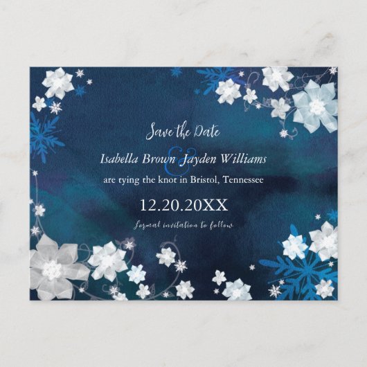 Winter Floral Navy Blue Wedding Save the Date Aankondigingskaart (Voorkant)