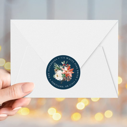 Winter Floral Navy Vakantie retour adreslabels Ronde Sticker