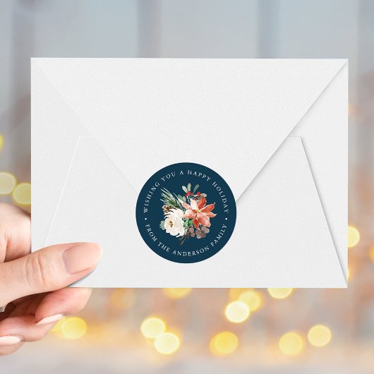 Winter Floral Navy Vakantie Ronde Sticker