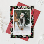 Winter Floral Pattern Black Kerstfoto Feestdagenkaart<br><div class="desc">Vrolijk kerstfeest! Geef uw familie en vrienden warme vakantiebezoeken met deze aanpasbare foto-kerstflat-kaart. Het bevat een botanisch patroon van rode punsettia,  winterbessen,  heupen,  karbonadeaus en groene accenten. Pas deze waterverf kerstkaart aan door uw eigen gegevens toe te voegen. Deze kerstkaart is verkrijgbaar in verschillende soorten kartonnen dozen.</div>