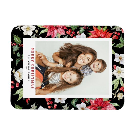 Winter Floral Pattern Black Kerstfoto Magneet (Horizontaal)