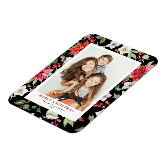 Winter Floral Pattern Black Kerstfoto Magneet (Linkerzijde)