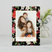 Winter Floral Pattern Black Merry Kerstfoto Folie Feestdagenkaart (Staand Voorkant)