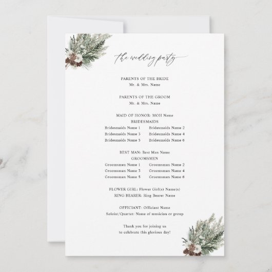 Winter Floral & Pine 2 huwelijksceremonie programm Kaart (Achterkant)
