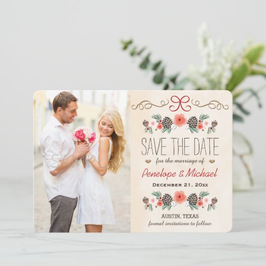 Winter Floral Pine Cone Kerstmis behalve datum Save The Date (Staand voorkant)