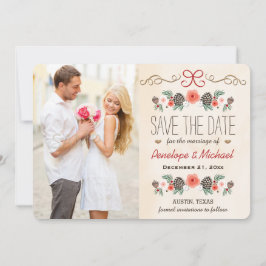 Winter Floral Pine Cone Kerstmis behalve datum Save The Date