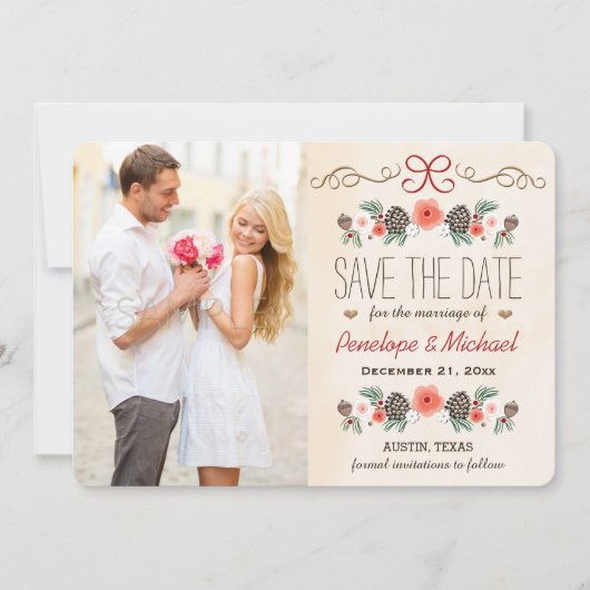 Winter Floral Pine Cone Kerstmis behalve datum Save The Date (Voorkant)