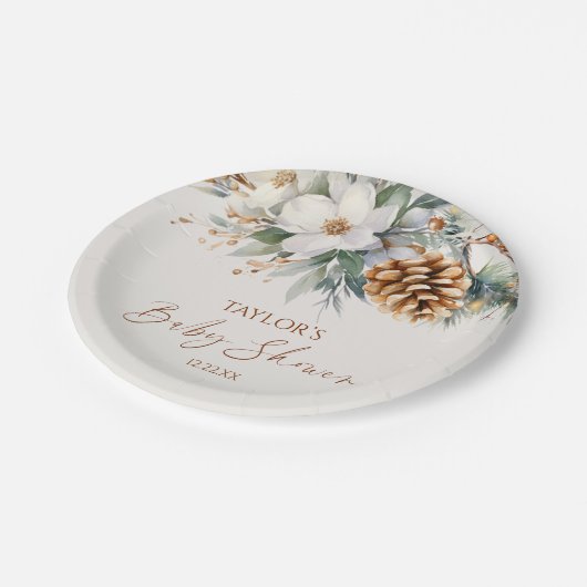 Winter Floral Pine Tree Baby shower Papieren Bordje (Gekanteld)