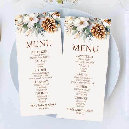 Winter Floral Pine Tree Baby shower Voedsel Menu