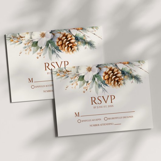 Winter Floral Pine Tree Cone Wedding RSVP Kaartje