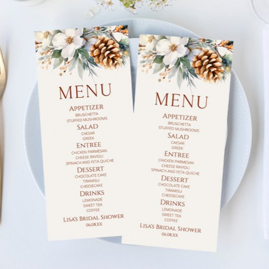 Winter Floral Pine Tree Vrijgezellenfeest Voedsel Menu