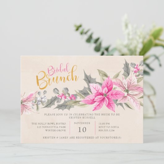 Winter Floral Poinsettia Waterverf Bridal Brunch Kaart (Staand voorkant)