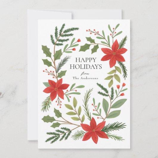 Winter Floral Pointsettia Greenery Holiday Card Feestdagenkaart (Voorkant)