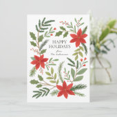 Winter Floral Pointsettia Greenery Holiday Card Feestdagenkaart (Staand voorkant)