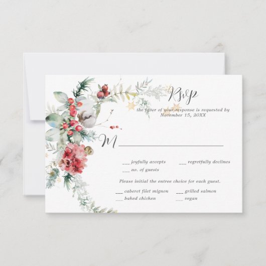 Winter Floral Red Blush White Pine Fern RSVP (Voorkant)